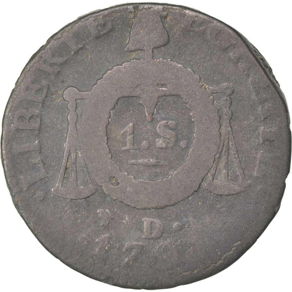 FRANCE, Sol aux balances françoise, Sol, 1793, Lyon, KM #619.5, VG(8-10), Bronze