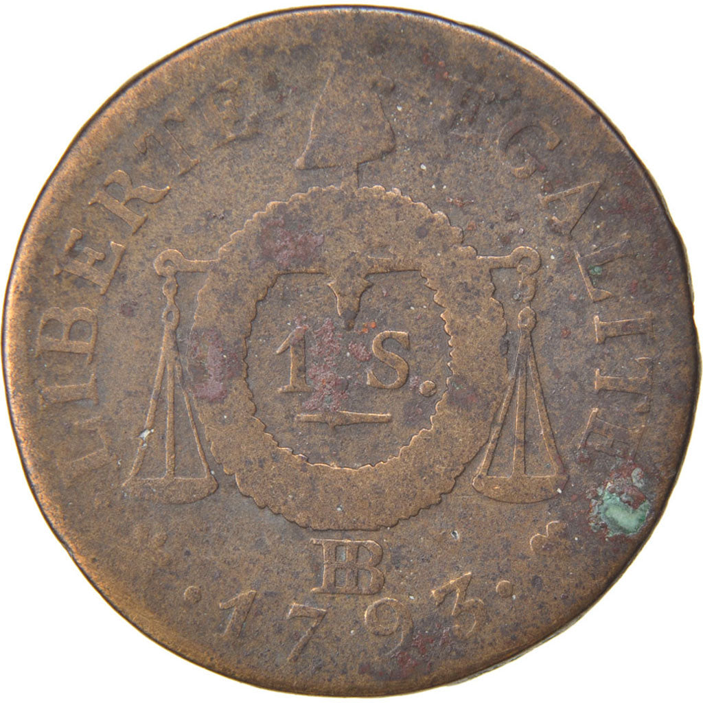 FRANCE, Sol aux balances françoise, Sol, 1793, Strasbourg, KM #619.4, F(12-15), 