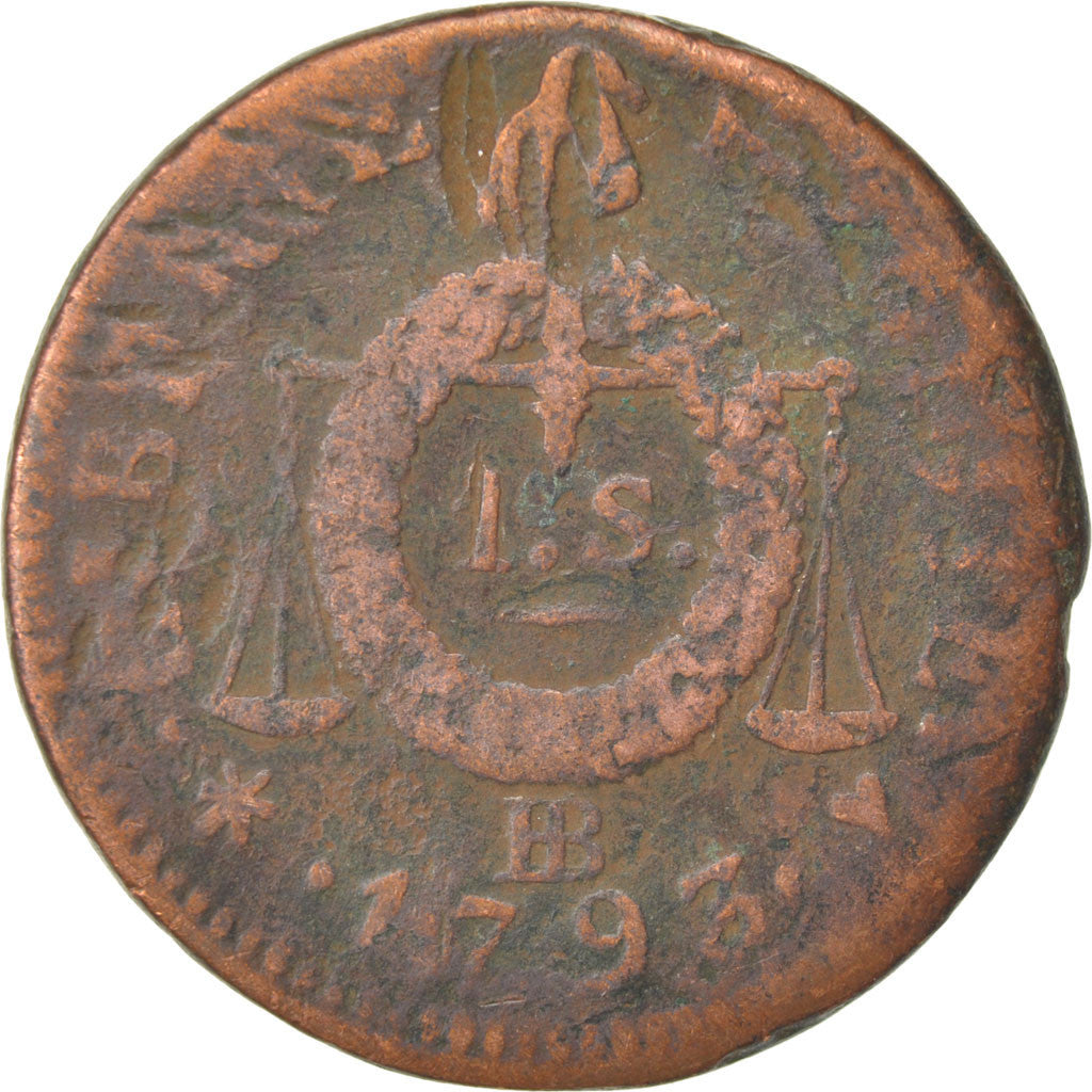 FRANCE, Sol aux balances françoise, Sol, 1793, Strasbourg, KM #619.4, F(12-15), 