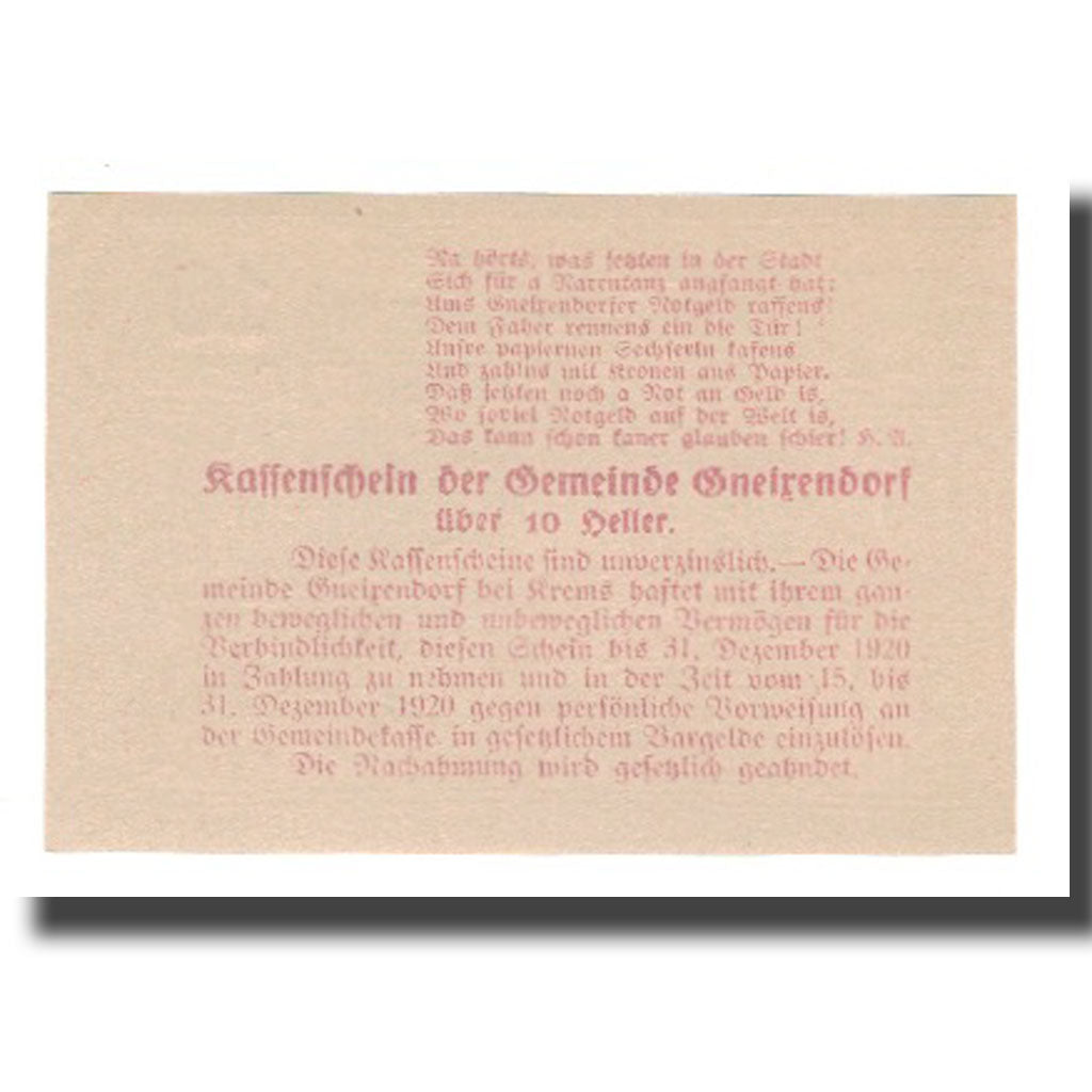 Billet, Autriche, Gneixendorf N.Ö. Gemeinde, 10 Heller, Texte, 1920