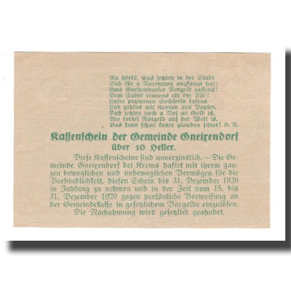 Banknote, Austria, Gneixendorf N.Ö. Gemeinde, 10 Heller, texte 1, 1920