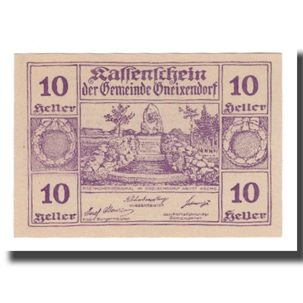 Billet, Autriche, Gneixendorf N.Ö. Gemeinde, 10 Heller, Texte 2, 1920