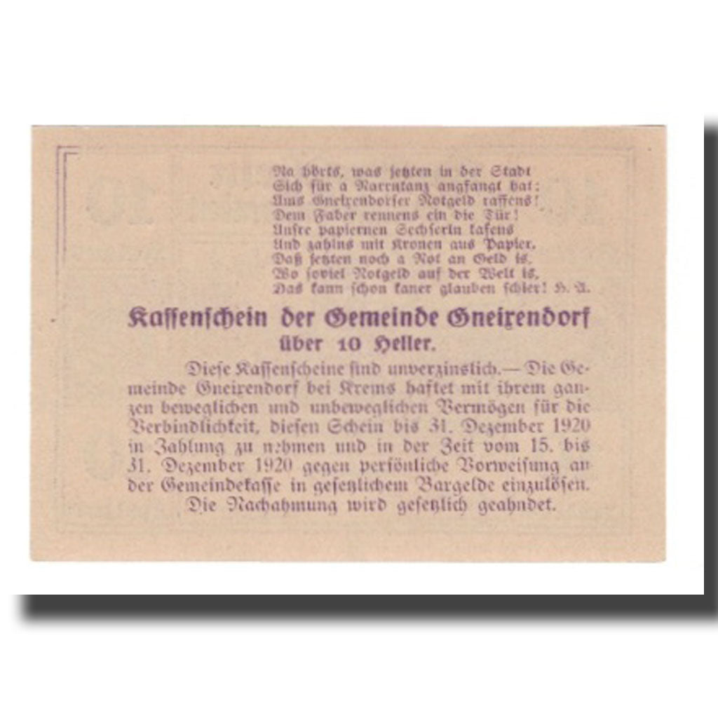 Billet, Autriche, Gneixendorf N.Ö. Gemeinde, 10 Heller, Texte 2, 1920