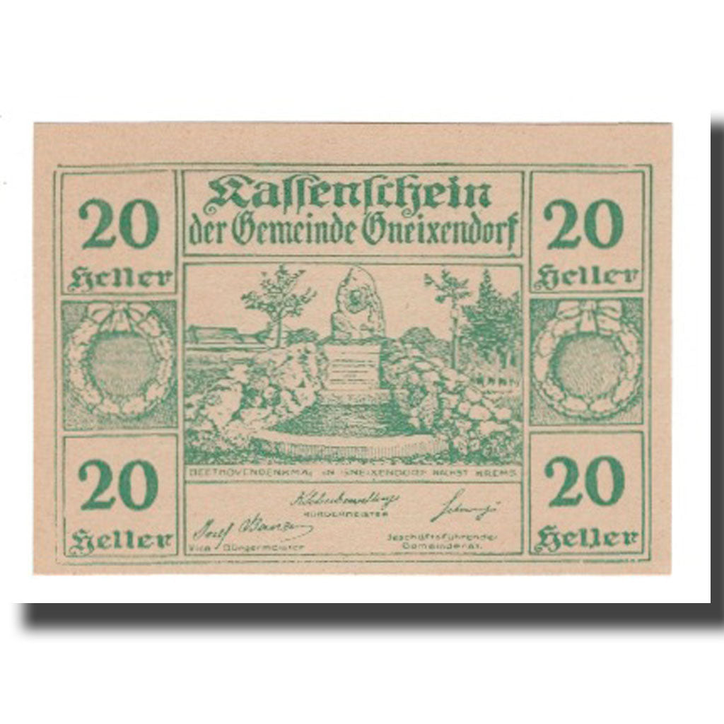 Billet, Autriche, Gneixendorf N.Ö. Gemeinde, 20 Heller, texte 1, 1920