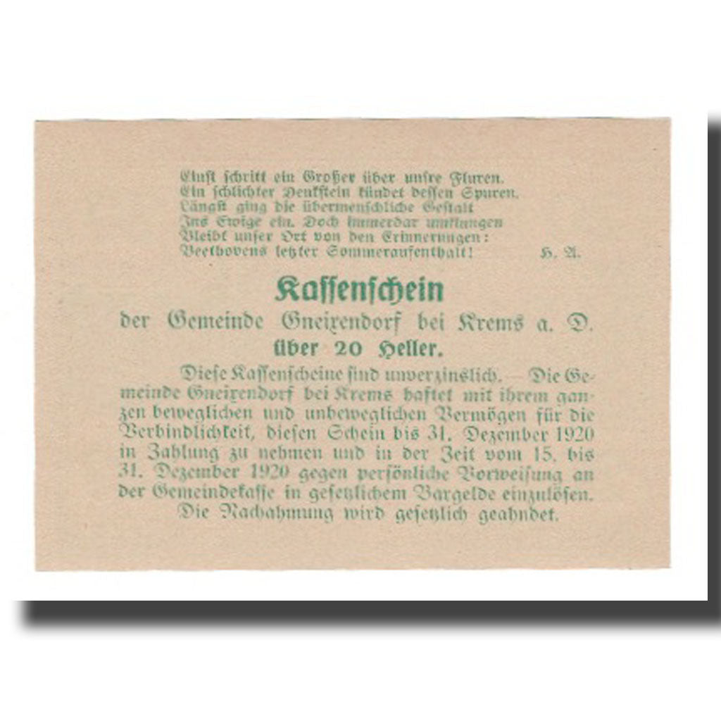 Billet, Autriche, Gneixendorf N.Ö. Gemeinde, 20 Heller, texte 1, 1920