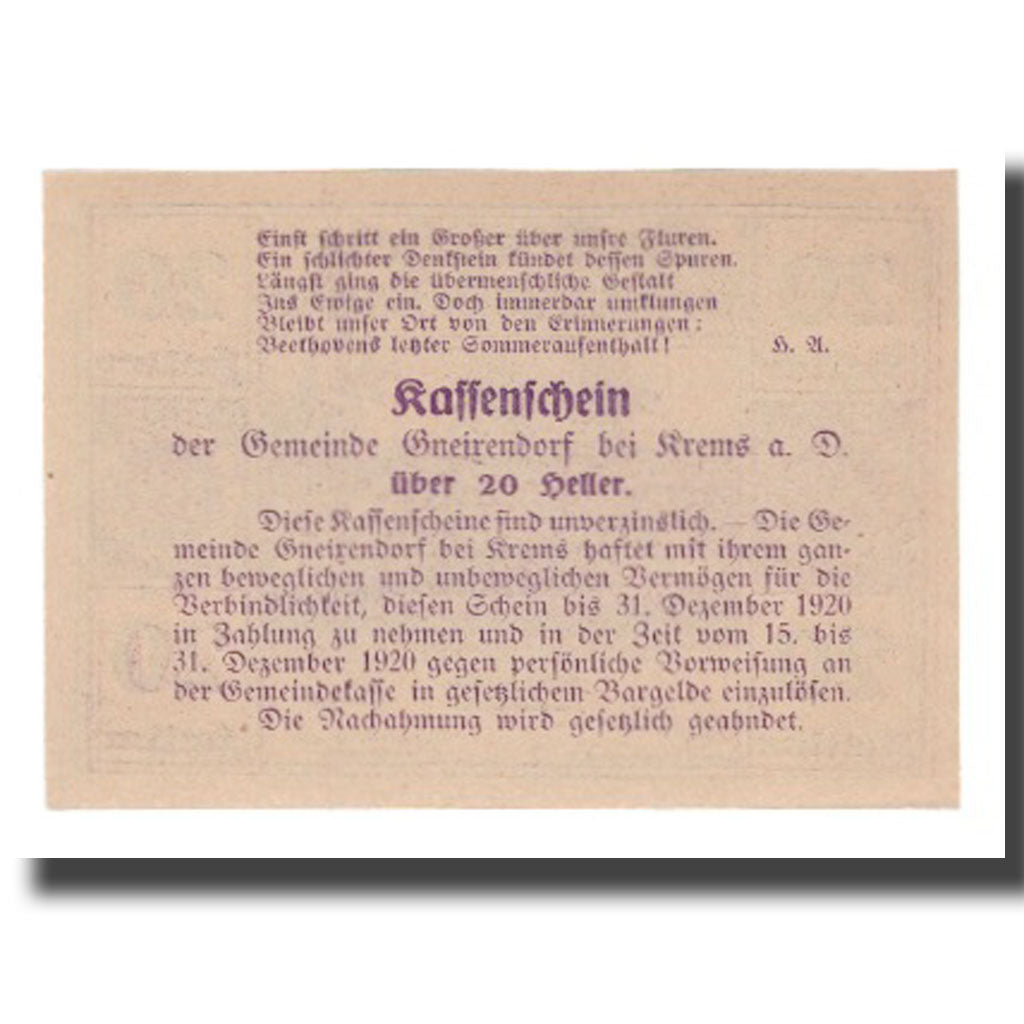 Banknote, Austria, Gneixendorf N.Ö. Gemeinde, 20 Heller, Texte 2, 1920