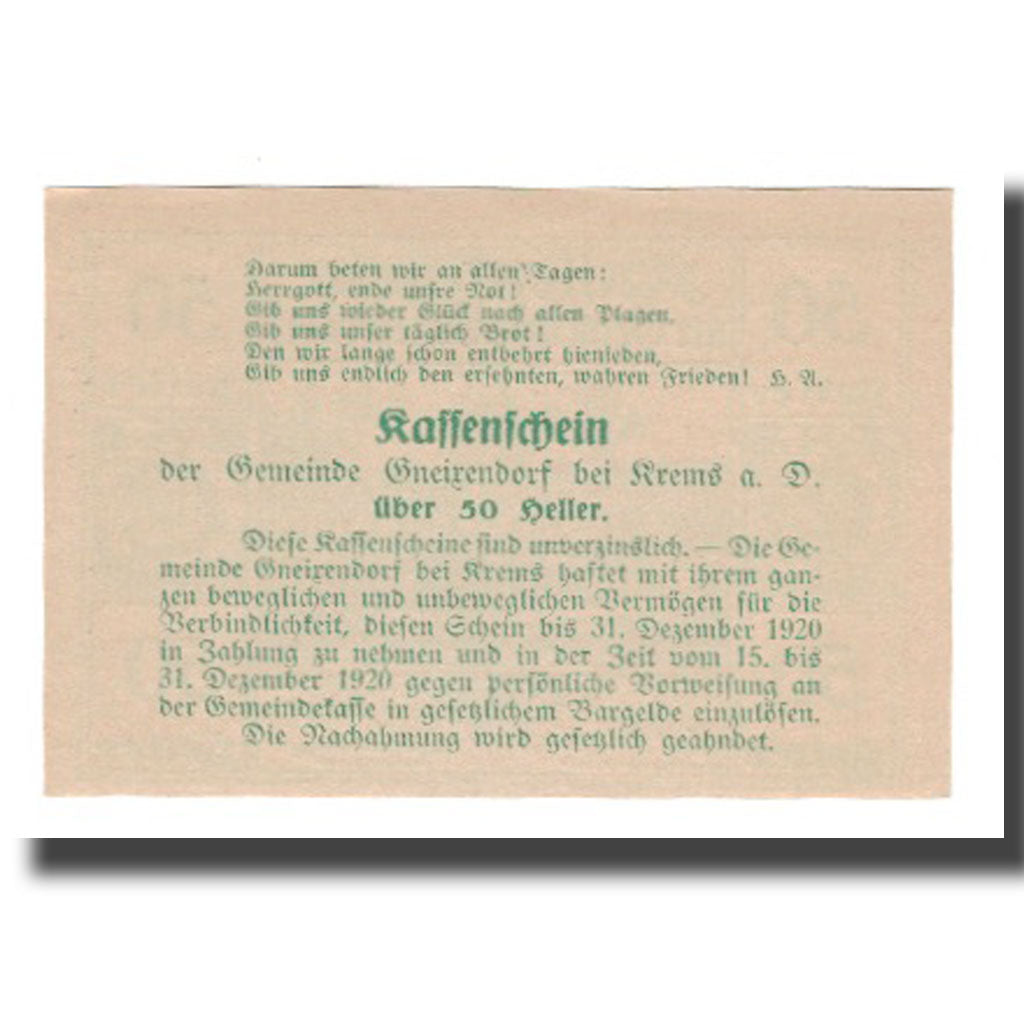 Banknote, Austria, Gneixendorf N.Ö. Gemeinde, 50 Heller, texte 1, 1920