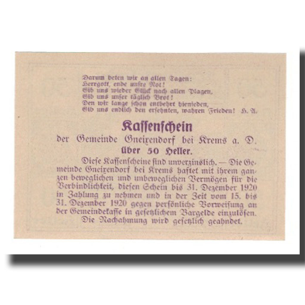 Billet, Autriche, Gneixendorf N.Ö. Gemeinde, 50 Heller, Texte 2, 1920