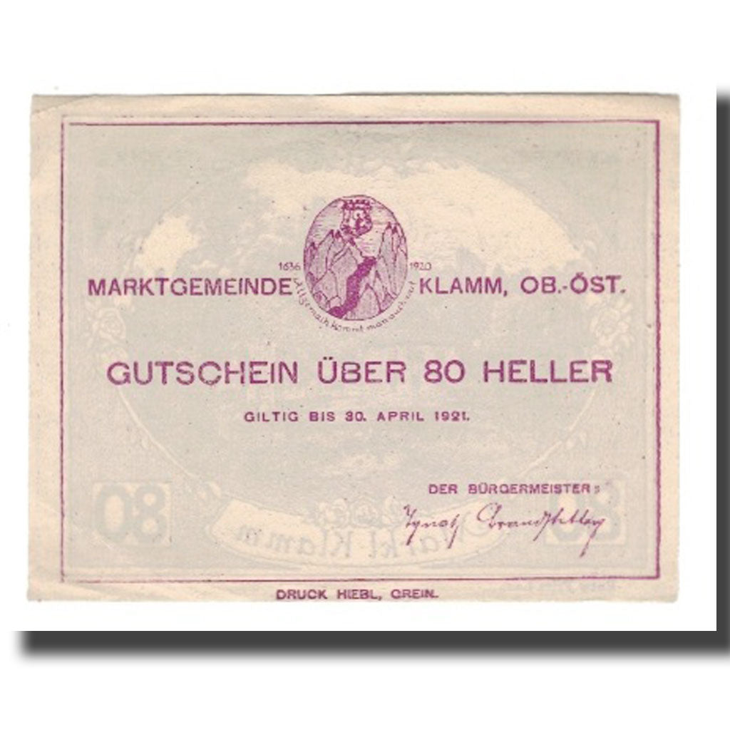 Banknote, Austria, Klamm O.Ö. Marktgemeinde, 80 Heller, valeur faciale 1, 1921