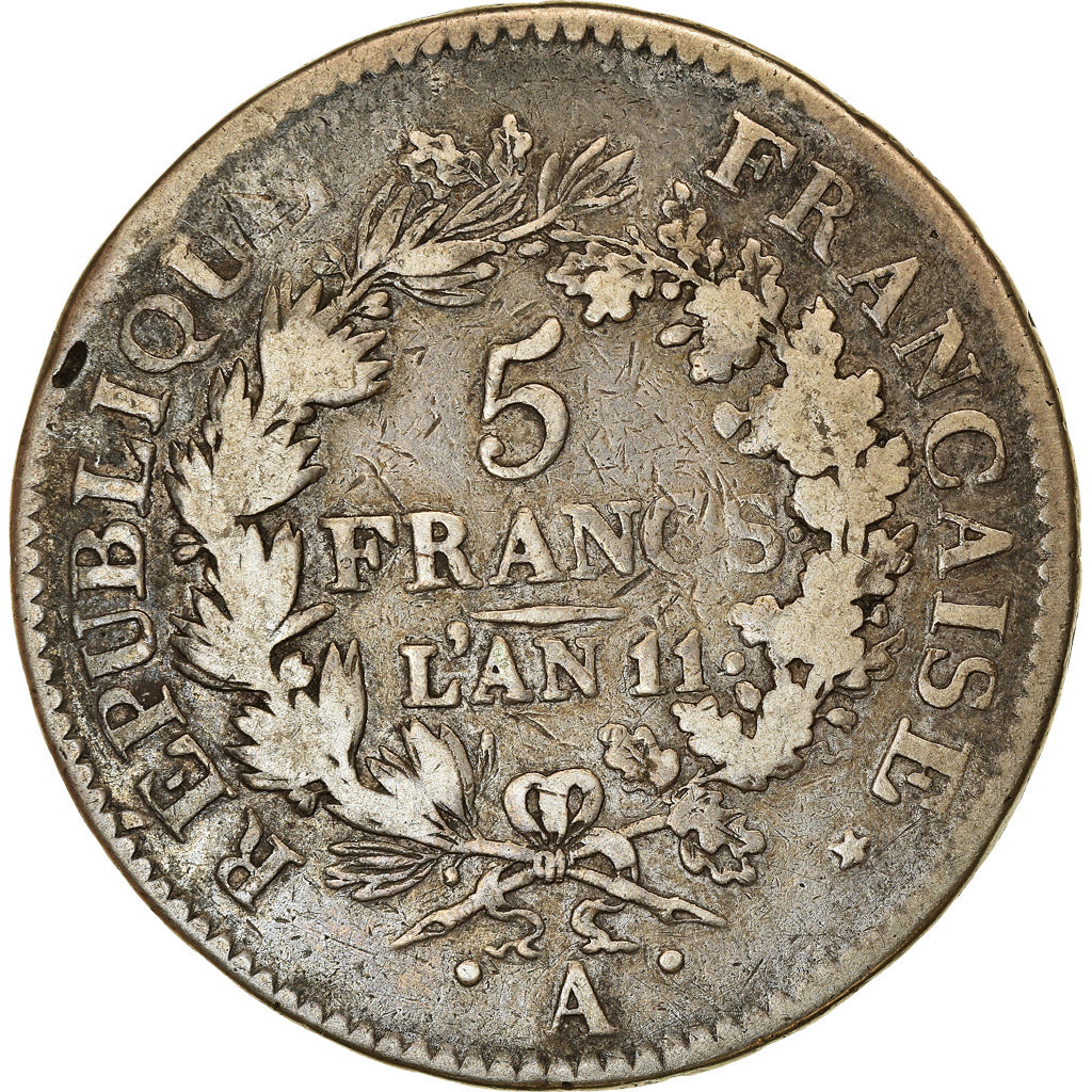 Coin, France, Union et Force, 5 Francs, AN 11, Paris, VF(20-25), Silver