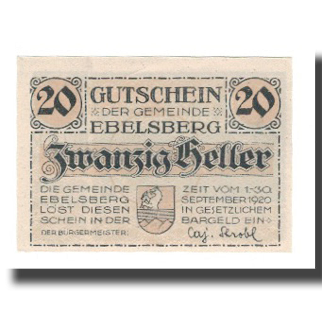 Banknote, Austria, Ebelsberg O.Ö. Gemeinde, 20 Heller, paysage, 1920