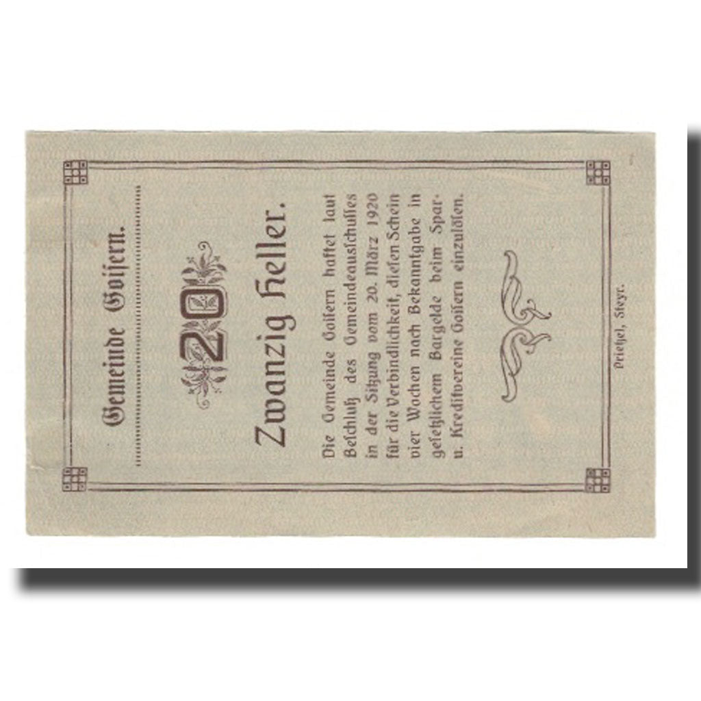 Banknote, Austria, Goisern O.Ö. Gemeinde, 20 Heller, Texte, AU(55-58), Mehl:FS