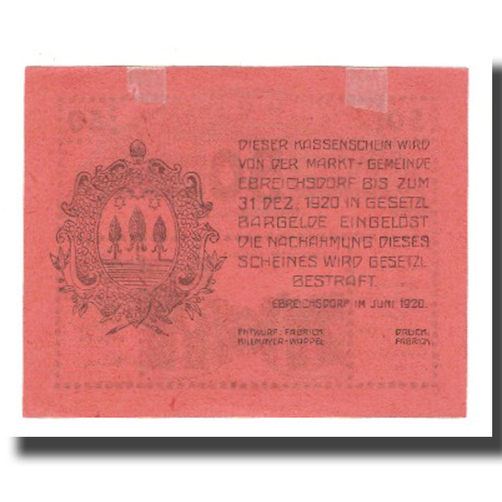 Banknote, Austria, Ebreichsdorf N.Ö. Marktgemeinde, 50 Heller, Texte, 1920