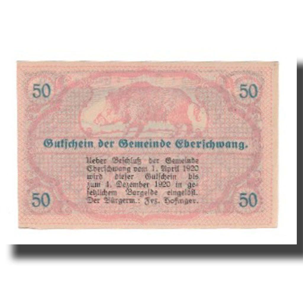 Biljet, Oostenrijk, Eberschwang O.Ö. Gemeinde, 50 Heller, Texte, 1920