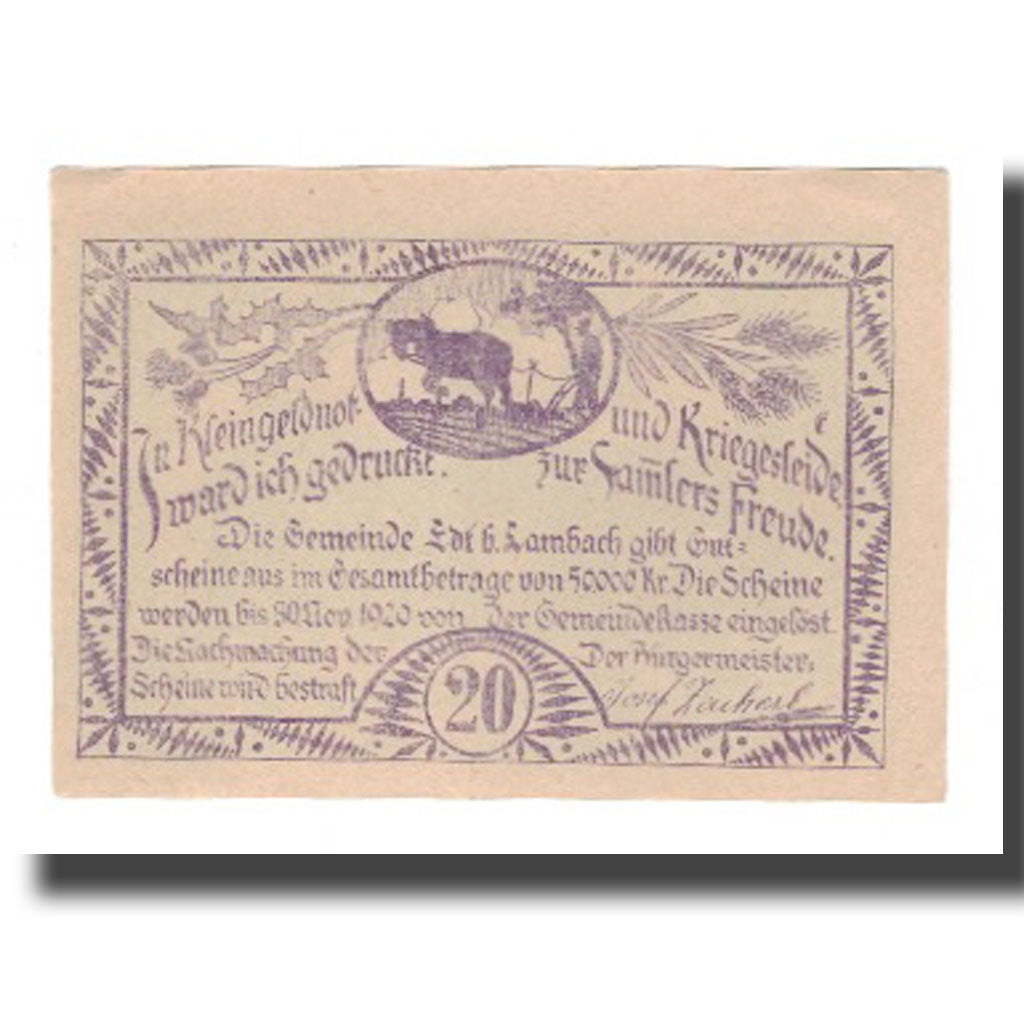 Billet, Autriche, EDT Bei Lambach O.Ö. Gemeinde, 20 Heller, Texte, 1920