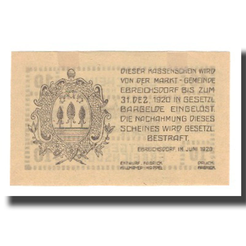 Billet, Autriche, Ebreichsdorf N.Ö. Marktgemeinde, 10 Heller, Texte, 1920