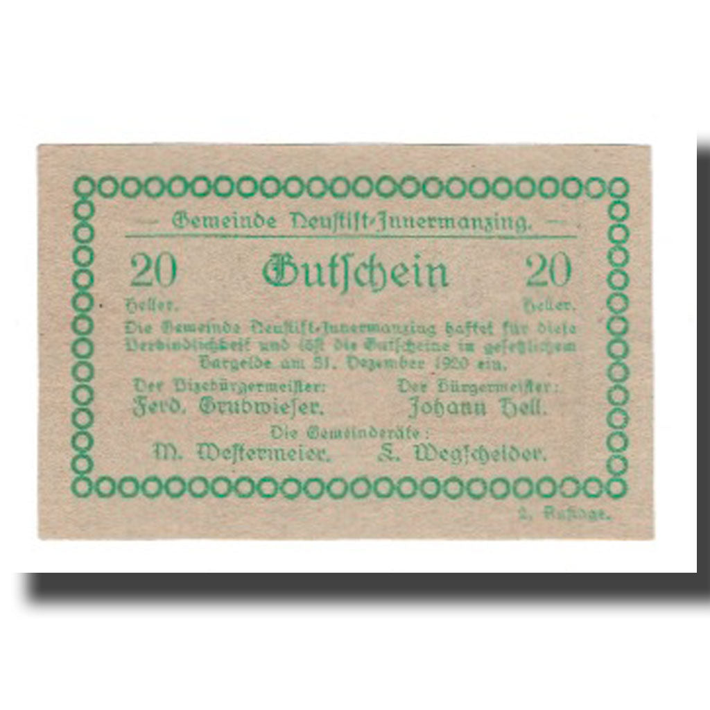 Banknot, Austria, Neustift-Innermanzing N.Ö. Gemeinde, 20 Heller, N.D, 1920