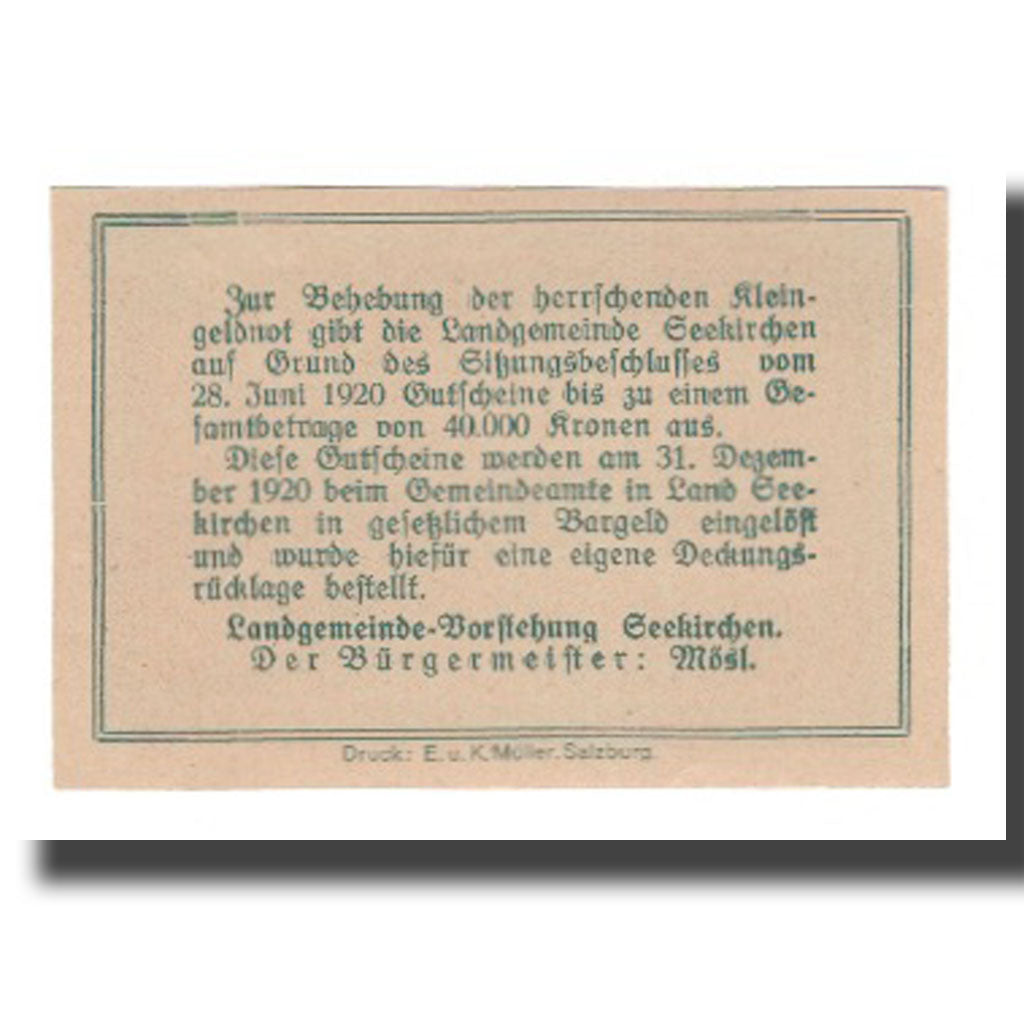 Nota, Áustria, Seekirchen Sbg. Landgemeinde, 50 Heller, Texte, 1920