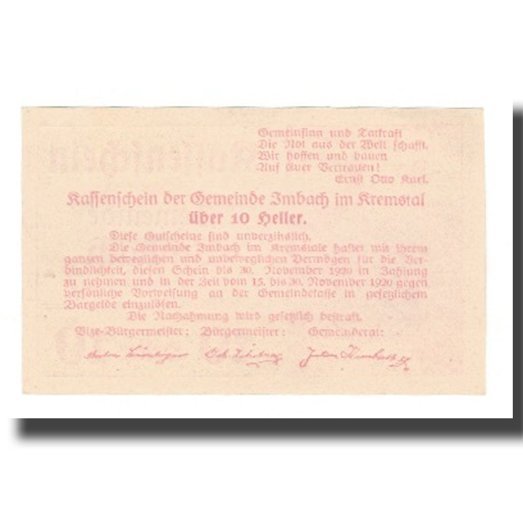 Billet, Autriche, Imbach N.Ö. Gemeinde, 10 Heller, Texte, 1920, 1920-12-31