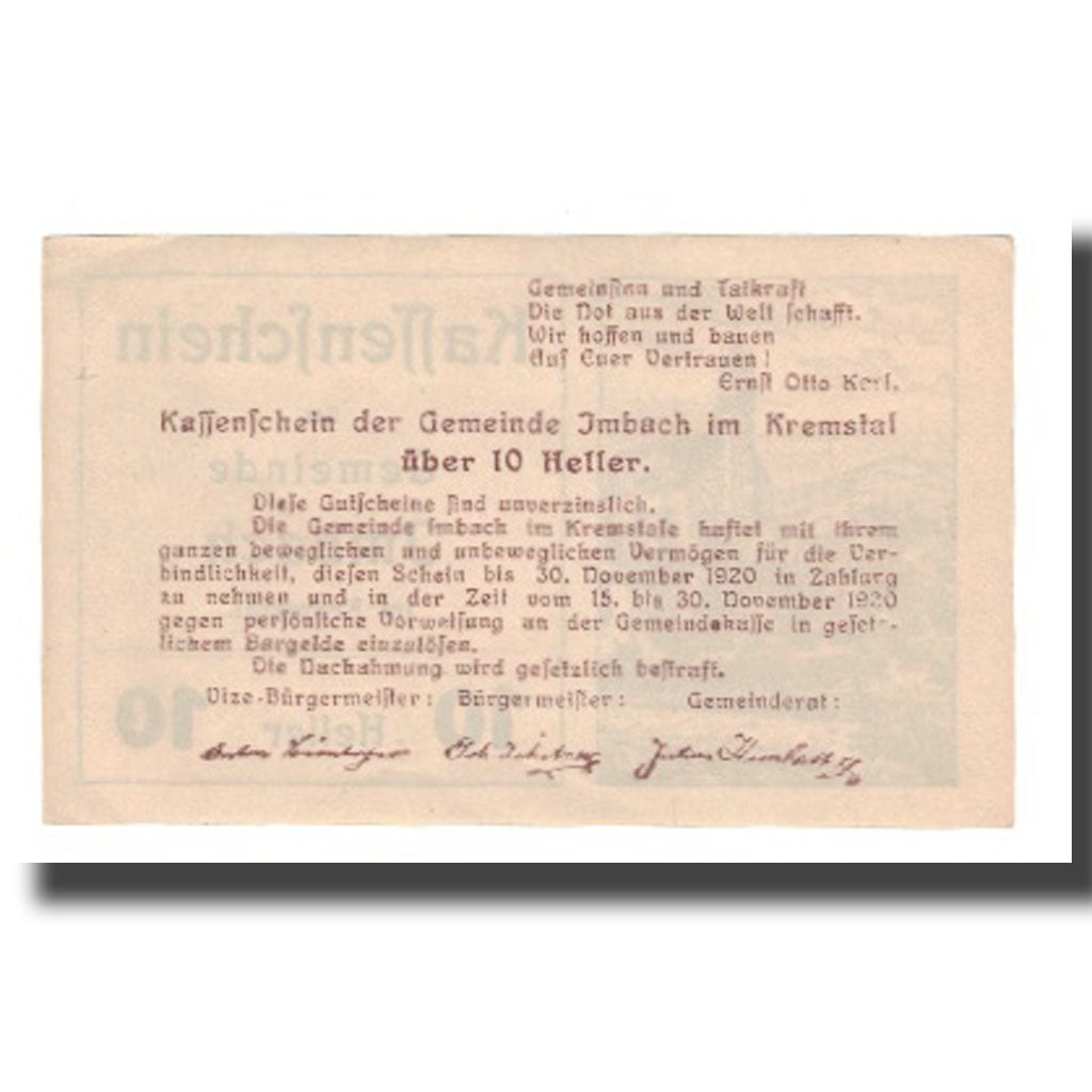 Biljet, Oostenrijk, Imbach N.Ö. Gemeinde, 10 Heller, texte 1, 1920, 1920-12-31