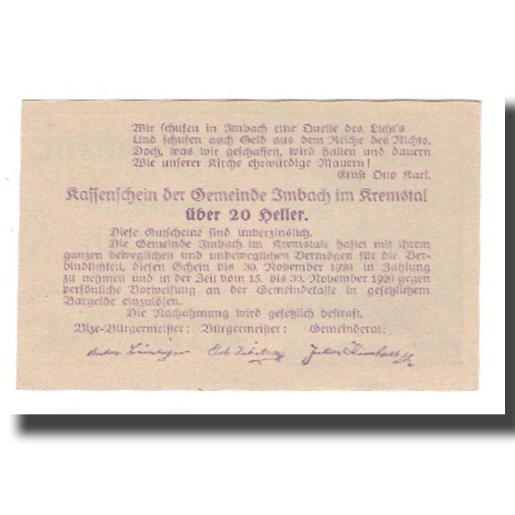 Biljet, Oostenrijk, Imbach N.Ö. Gemeinde, 20 Heller, Texte 2, 1920, 1920-12-31