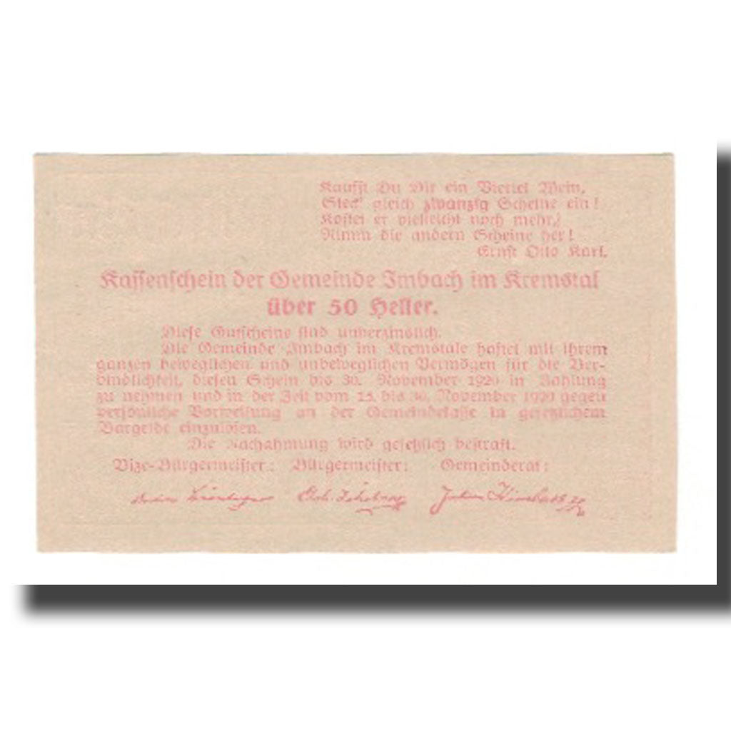 Biljet, Oostenrijk, Imbach N.Ö. Gemeinde, 50 Heller, Texte, 1920, 1920-12-31