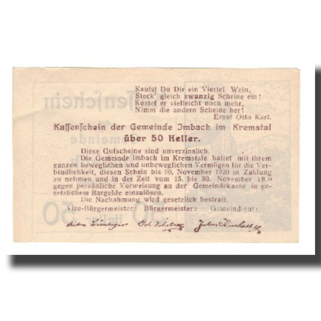 Billet, Autriche, Imbach N.Ö. Gemeinde, 50 Heller, texte 1, 1920, 1920-12-31