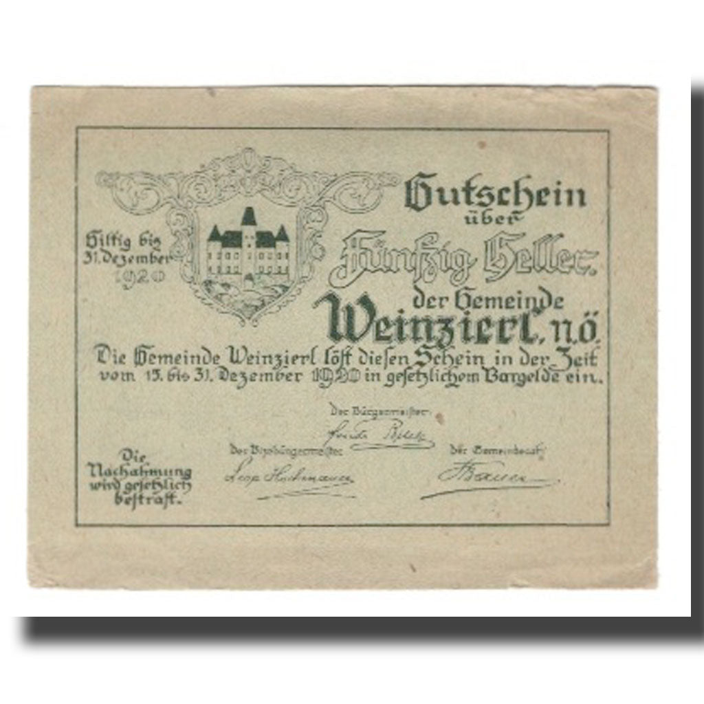 Banconote, Austria, Weinzierl bei Wieselburg N.Ö. Gemeinde, 50 Heller, paysage