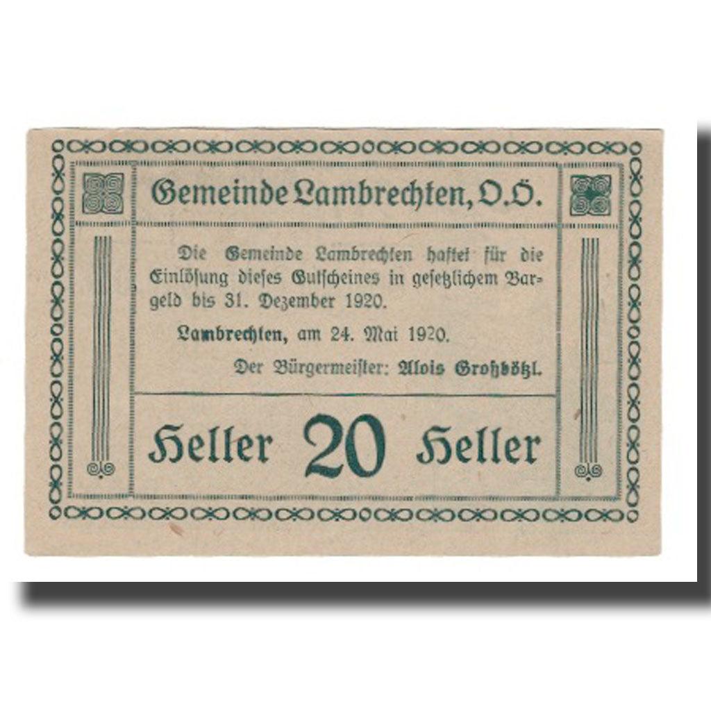 Banconote, Austria, Lambrechten O.Ö. Gemeinde, 20 Heller, Texte, 1920