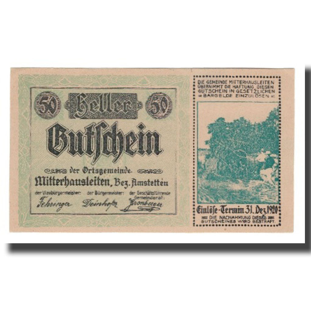 Banknote, Austria, Mitterhausleiten N.Ö. Ortsgemeinde, 50 Heller, N.D, 1920