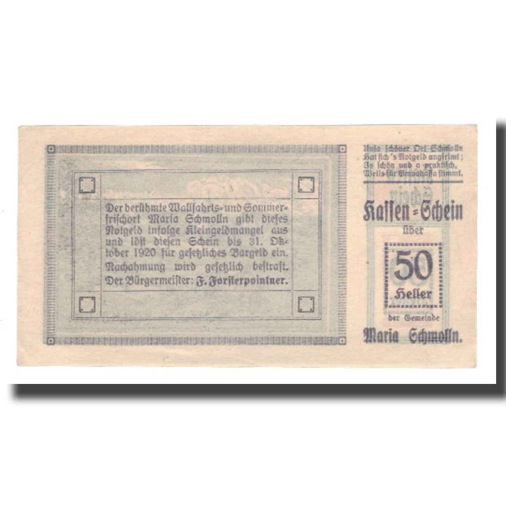 Banknote, Austria, Maria Schmolln O.Ö. Gemeinde, 50 Heller, Texte, 1920