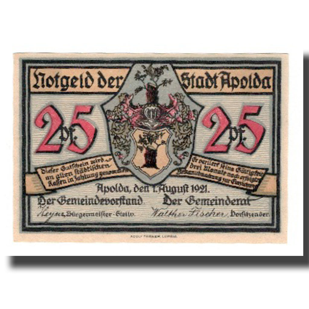 Banconote, Austria, Apolda Stadt, 25 Pfennig, personnage 2, 1921, 1921-08-01