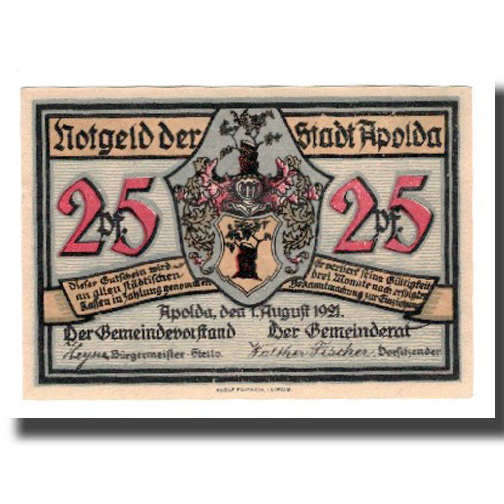Geldschein, Österreich, Apolda Stadt, 25 Pfennig, personnage 4, 1921