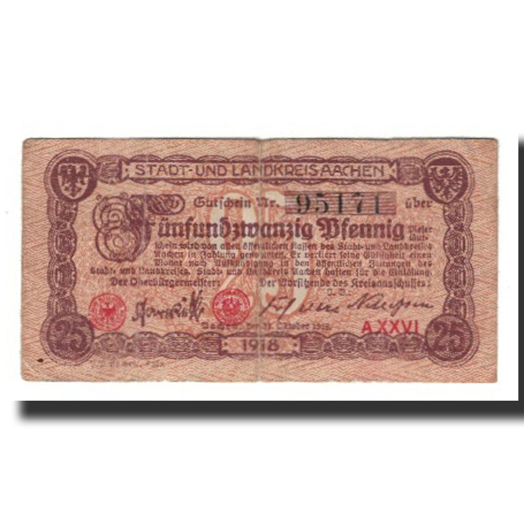 Billet, Allemagne, Aachen Stadt und Landkreis, 25 Pfennig, Batiment, 1918