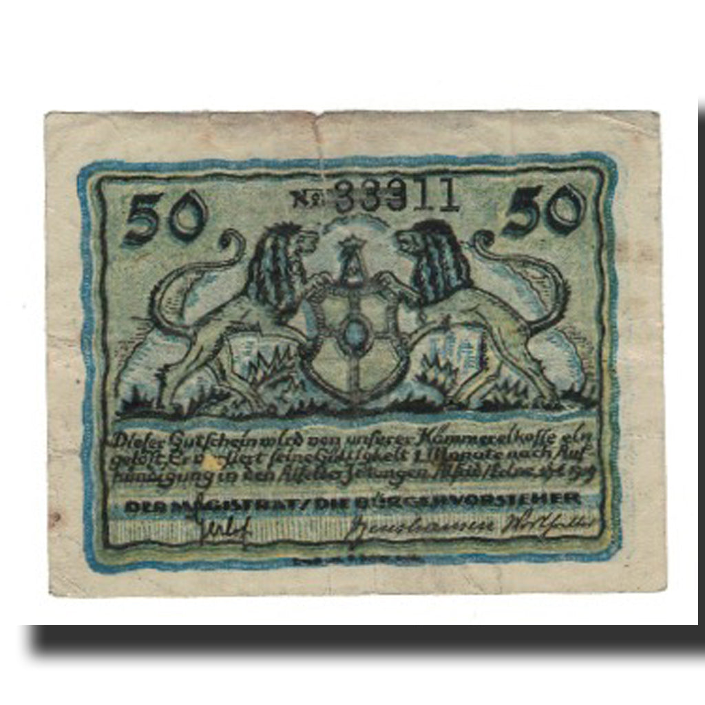 Banknote, Germany, Alfeld Stadt, 50 Pfennig, Lions, 1919, 1919-06-18, VF(20-25)