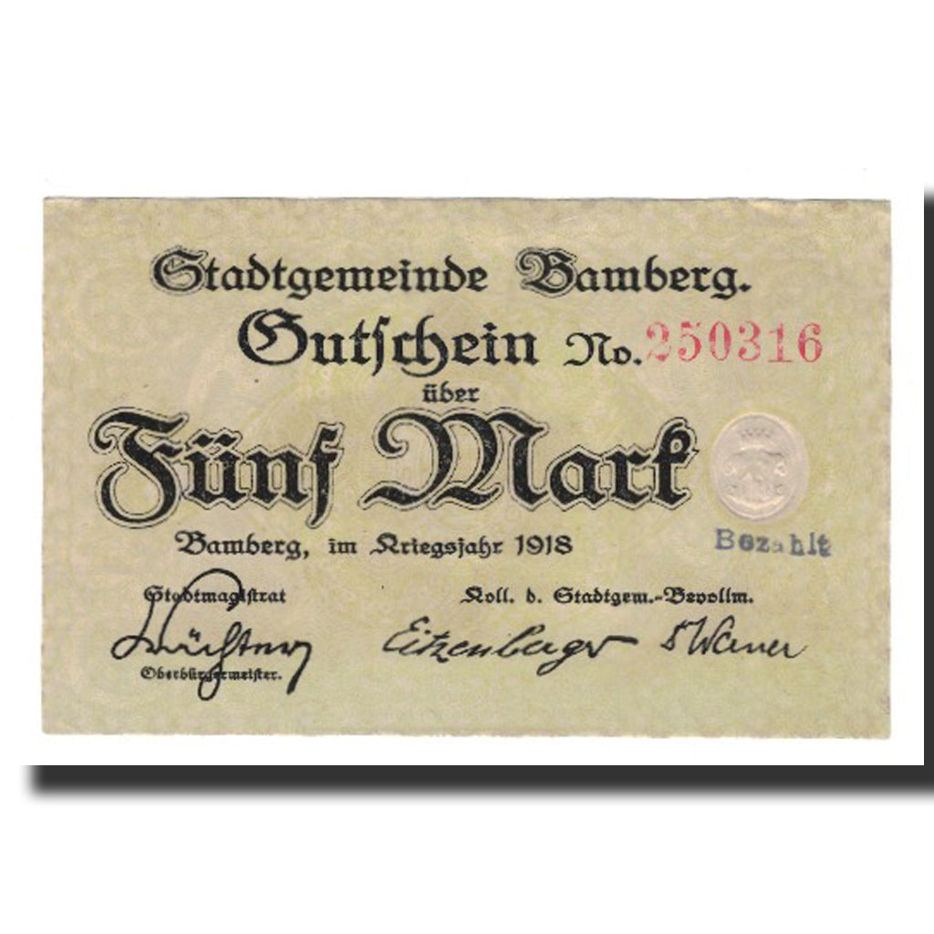 Banknote, Germany, Bamberg Stadt, 5 Mark, Batiment, 1919, 1919-02-01, AU(55-58)