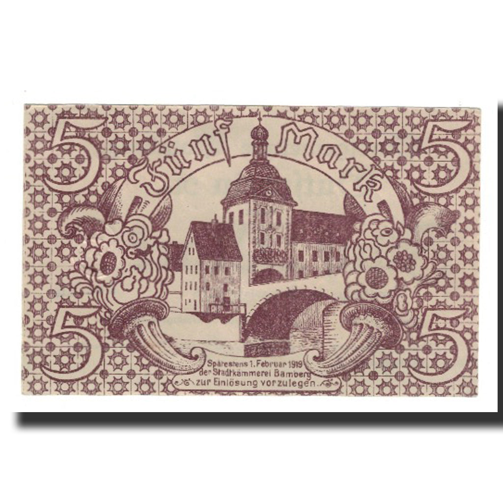 Banknote, Germany, Bamberg Stadt, 5 Mark, Batiment, 1919, 1919-02-01, AU(55-58)