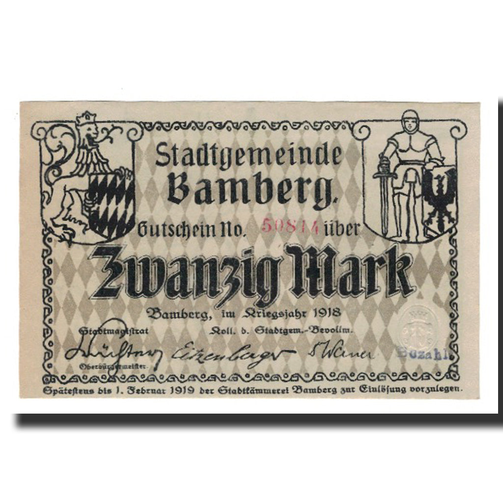 Banknote, Germany, Bamberg Stadt, 20 Mark, paysage, 1919, 1919-02-01, AU(55-58)