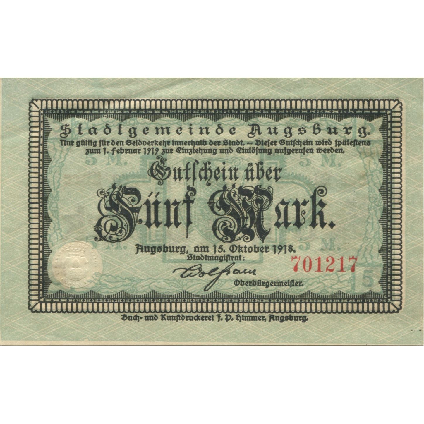 Banconote, Germania, Augsburg Stadt, 5 Mark, valeur faciale, 1919, 1919-02-01
