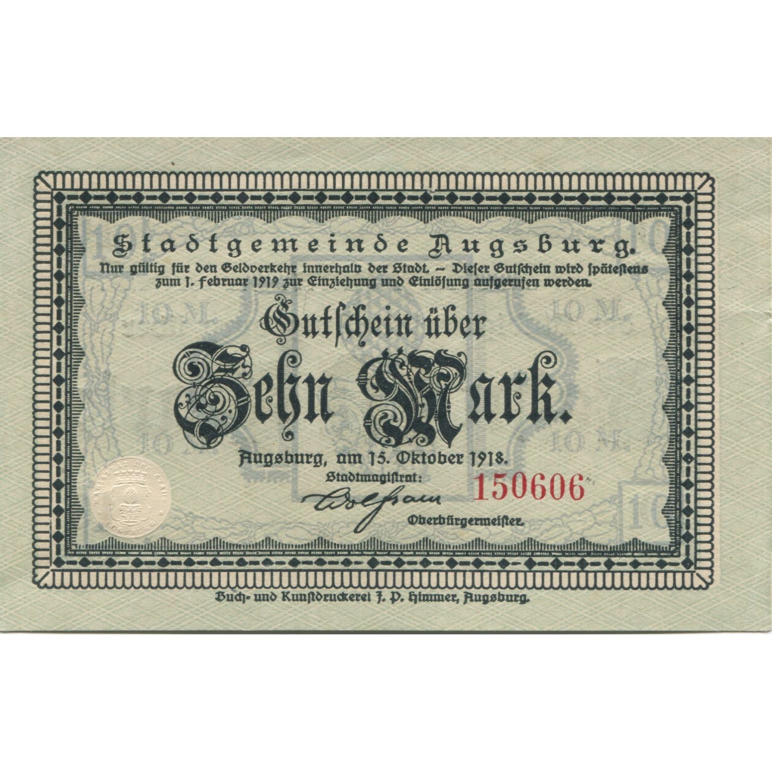 Banknote, Germany, Augsburg Stadt, 10 Mark, valeur faciale, 1919, 1919-02-01
