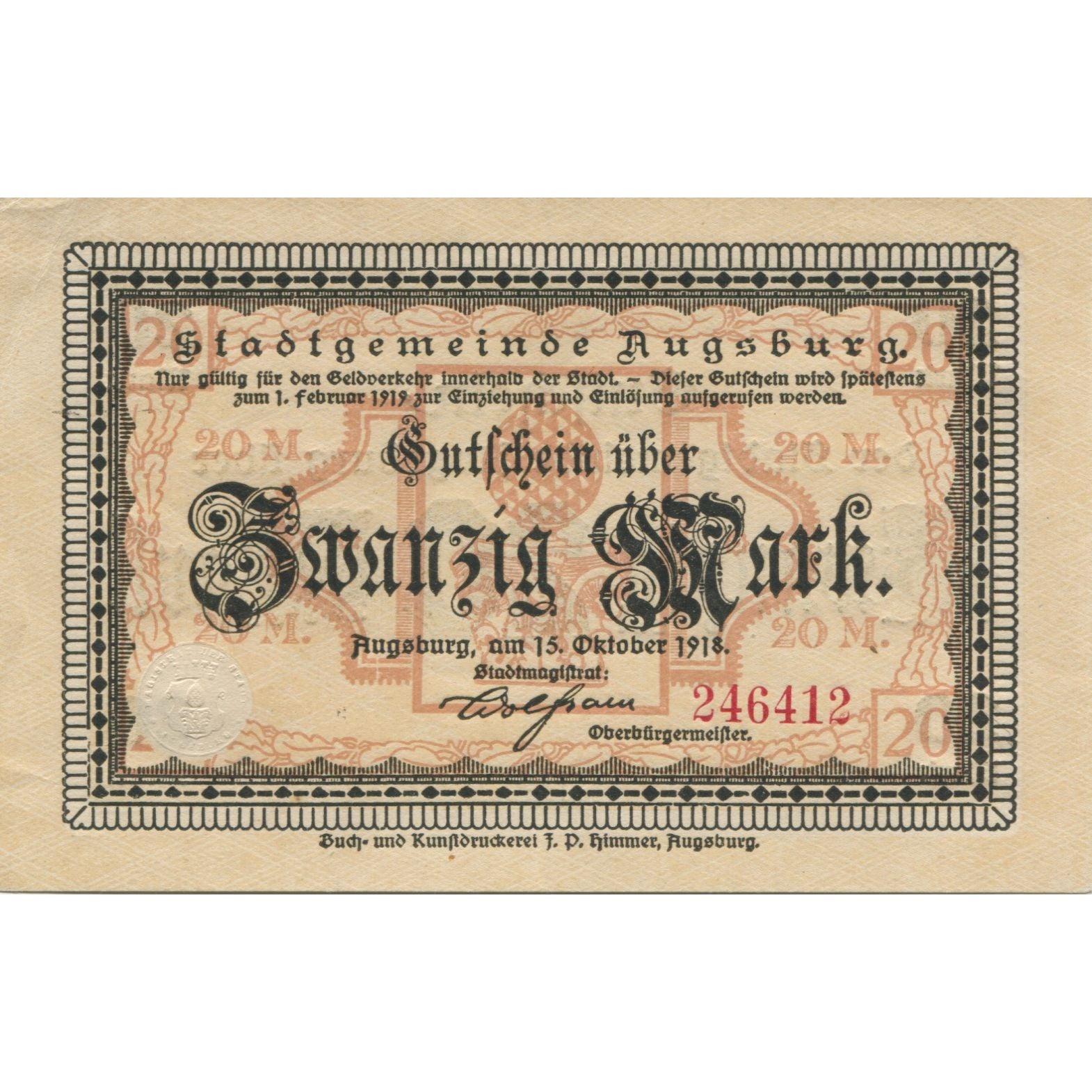 Banconote, Germania, Augsburg Stadt, 20 Mark, valeur faciale, 1919, 1919-02-01