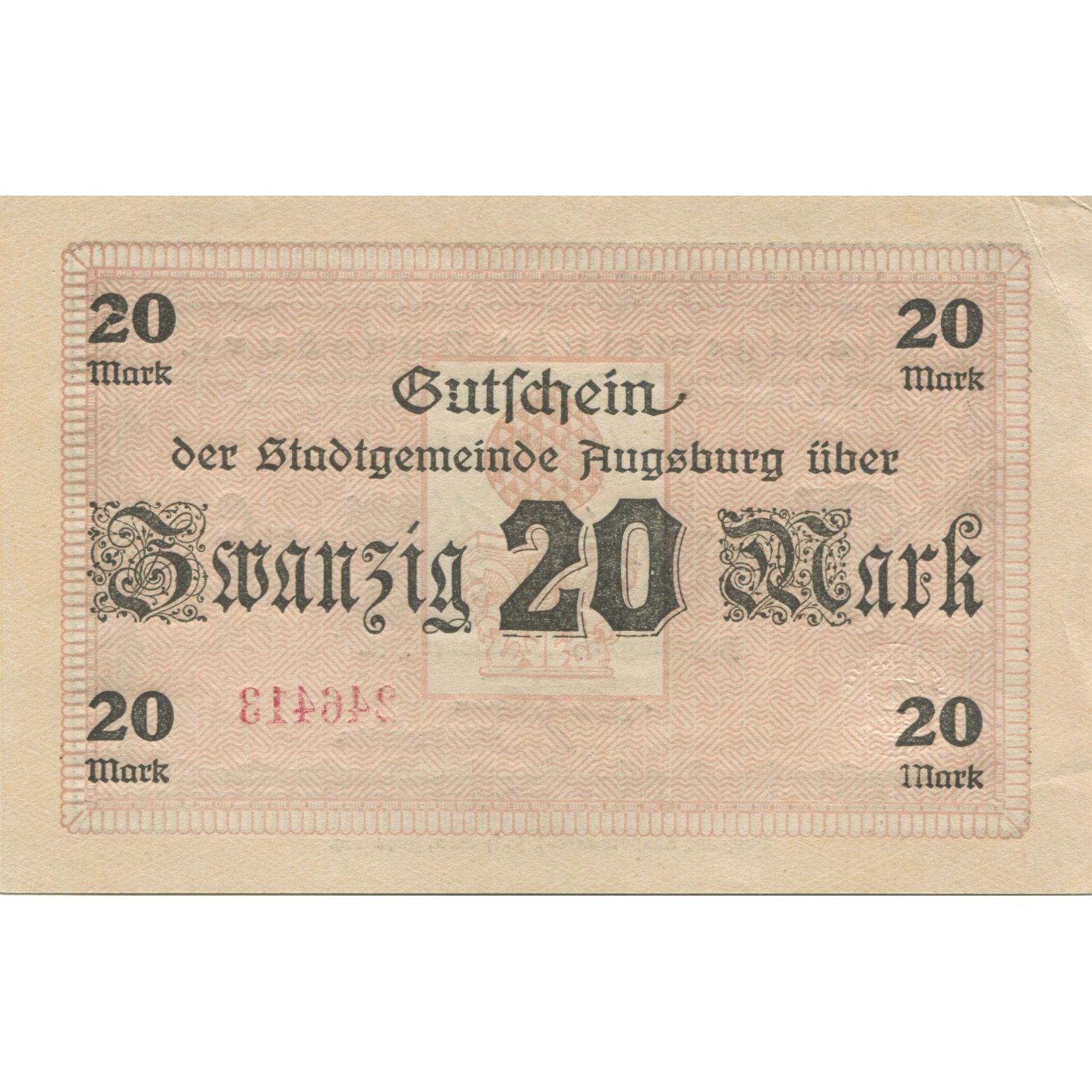 Banconote, Germania, Augsburg Stadt, 20 Mark, valeur faciale, 1919, 1919-02-01