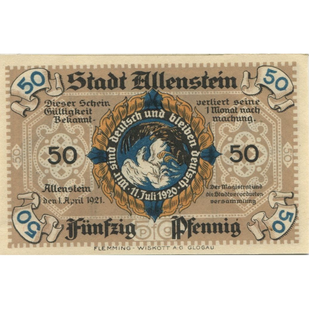 Banknote, Germany, Allenstein Stadt, 50 Pfennig, Batiment, 1921, 1921-04-01
