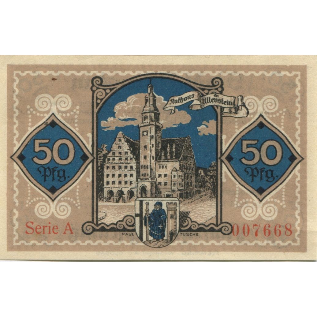 Banknote, Germany, Allenstein Stadt, 50 Pfennig, Batiment, 1921, 1921-04-01