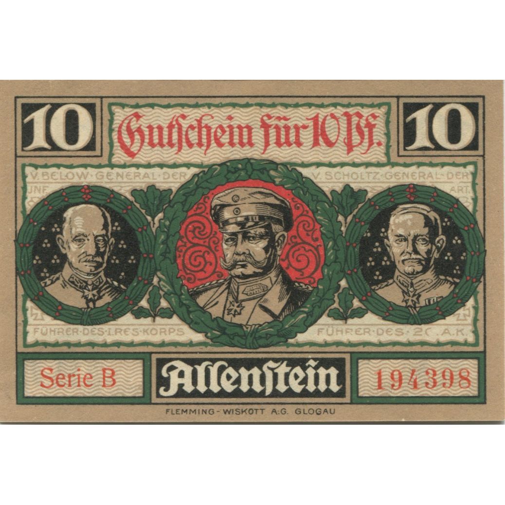 Banknote, Germany, Allenstein Stadt, 10 Pfennig, portrait, 1921, 1921-04-01