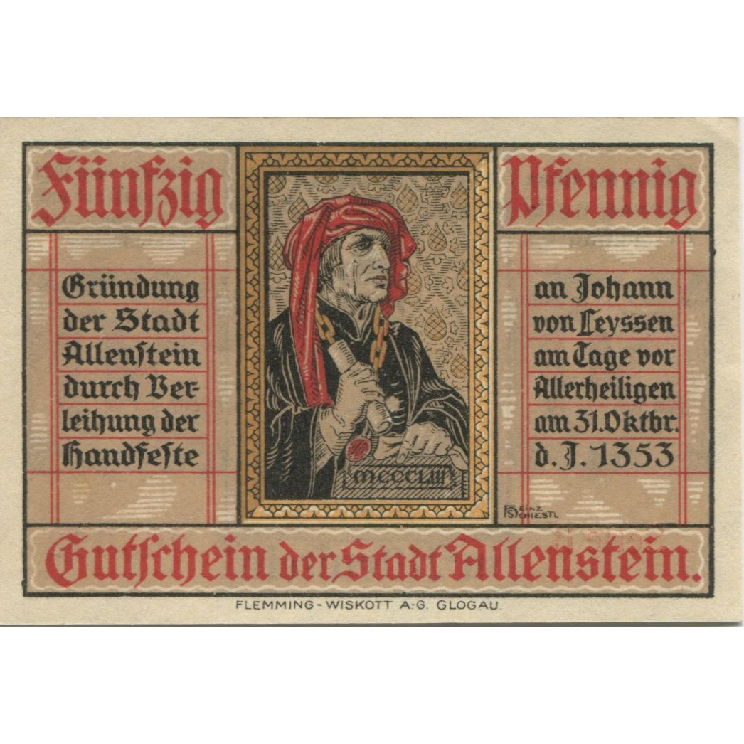 Banknote, Germany, Allenstein Stadt, 50 Pfennig, Batiment, 1921, 1921-04-01