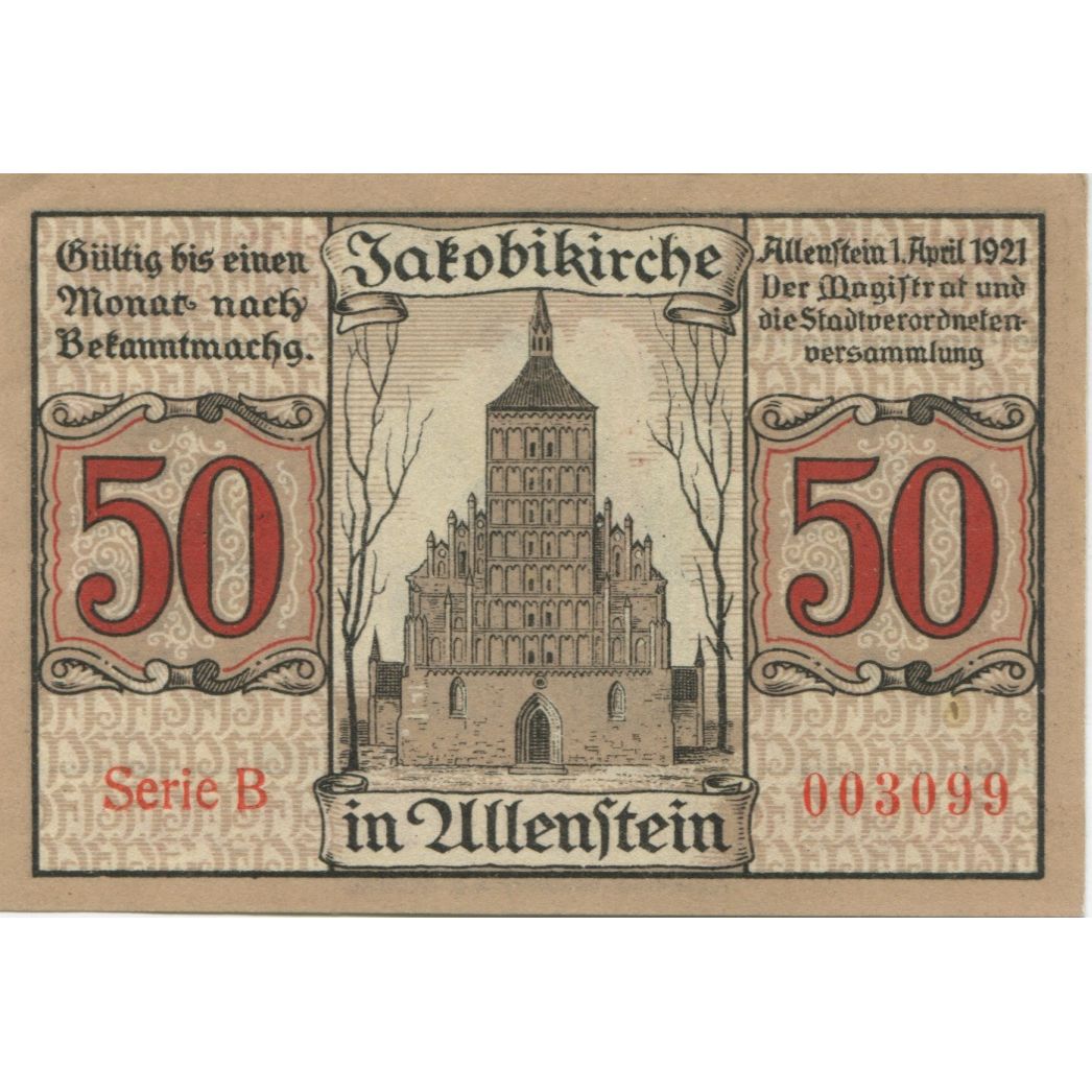 Banknote, Germany, Allenstein Stadt, 50 Pfennig, Batiment, 1921, 1921-04-01