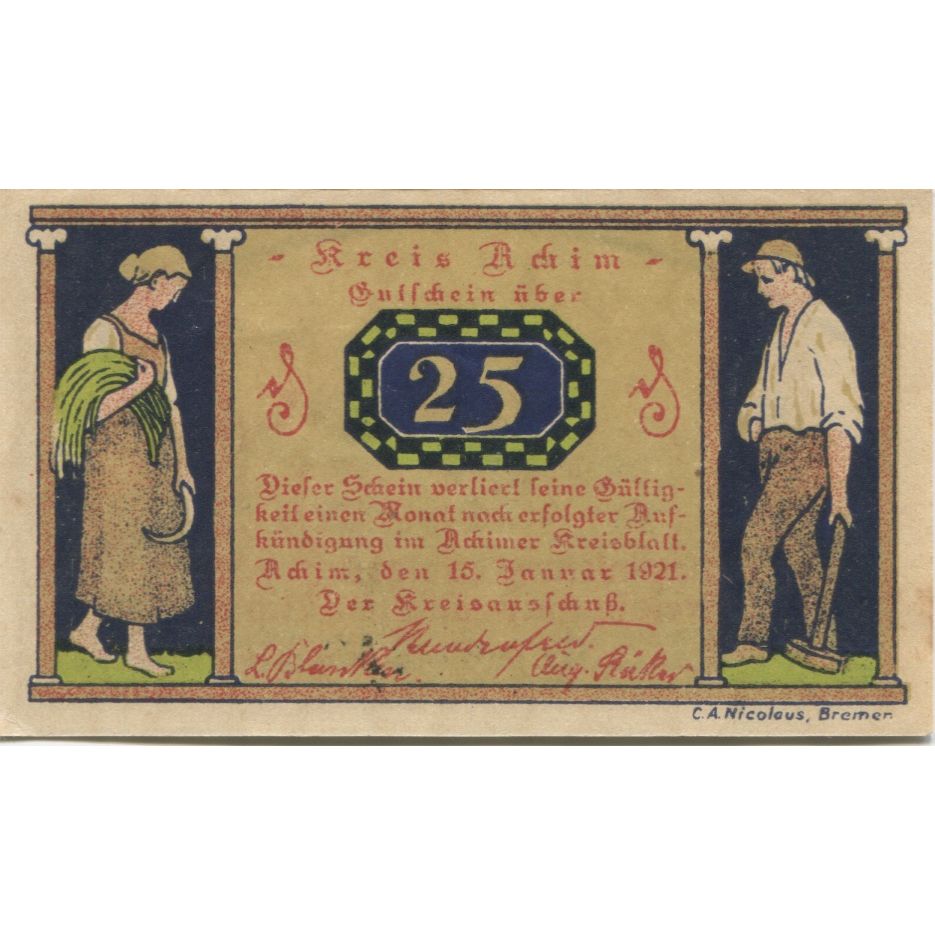 Banknote, Germany, Achim Kreis, 25 Pfennig, paysage, 1921, 1921-01-15
