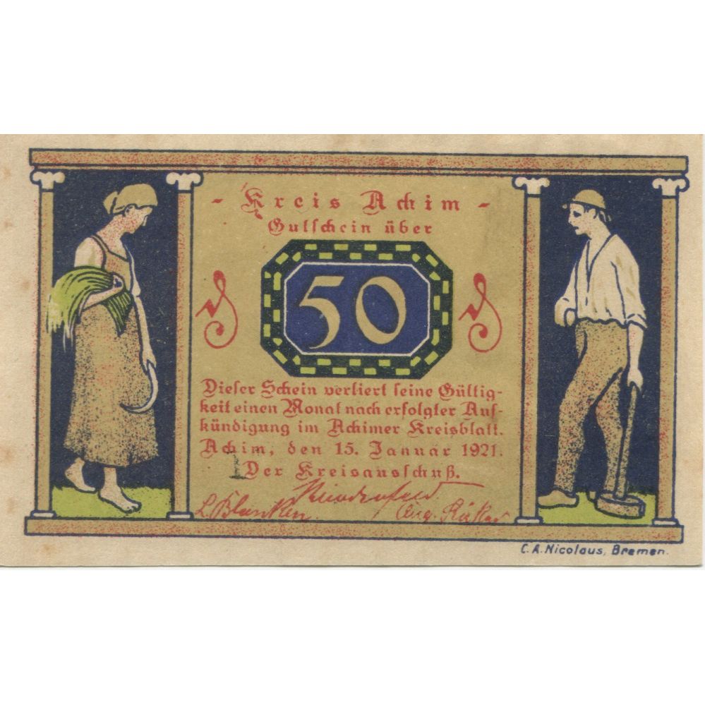 Banknote, Germany, Achim Kreis, 50 Pfennig, paysage, 1921, 1921-01-15