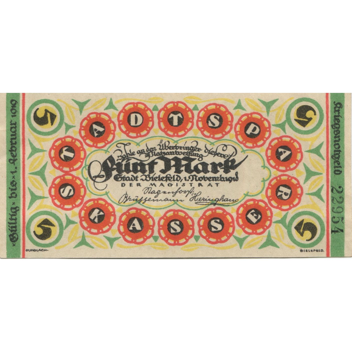 Banknote, Germany, Bielefeld Stadt, 5 Mark, personnage, 1919, 1919-02-01